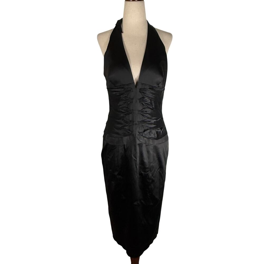 Cache Evening Black Satin Halter Sheath Dress Size 8